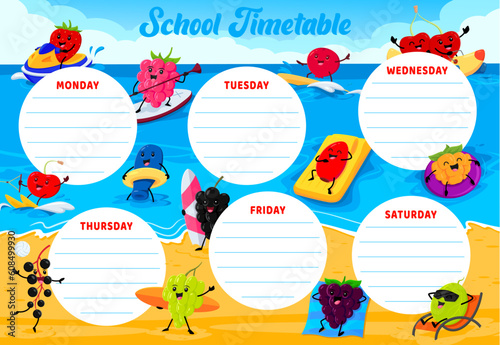 Education timetable. Cartoon berry characters on summer beach. School classes week vector timetable with strawberry, raspberry, cowberry and cherry, honeyberry, rosehip personage on water ski, surfing