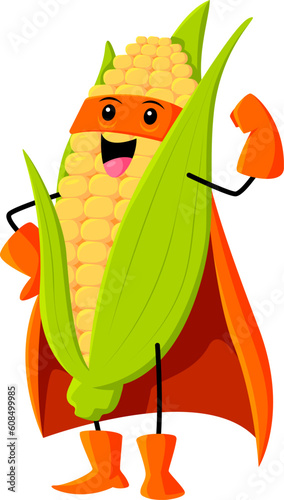 Cartoon cheerful corn vegetable superhero character. Farm cereals hero or warrior isolated vector comical personage. Corn strong defender childish mascot posing in orange mask and cape