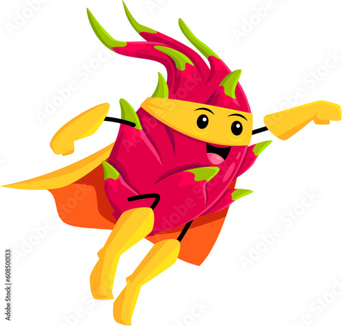 Cartoon dragon fruit superhero defender character flying high with powerful punch. Smiling tropical pitahaya juicy fruit wear mask and cape soaring through the sky ready to save the day