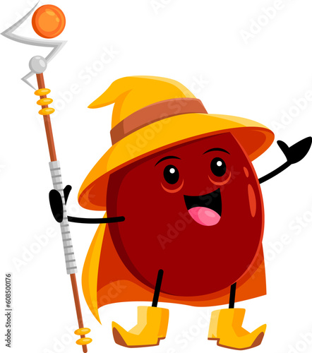 Cartoon passion fruit tropical wizard or magician character. Vector necromancer wear enchanter hat casting spell with magic staff. Funny healthy food wiz, conjurer, sorcerer or fascinator personage