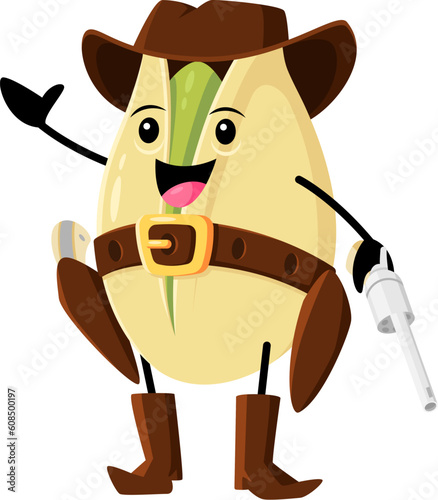 Cartoon pistachio nut cowboy, ranger and bandit character. Vector rugged kernel with a ten-gallon hat and guns on the ranch. Bold and adventurous seed with a western twist, sporting horseman boots