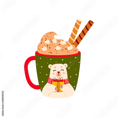 Christmas cup with whipped cream and marshmallows, New Year bear in winter holiday scarf. Vector holiday mug, hot eggnog and cookies