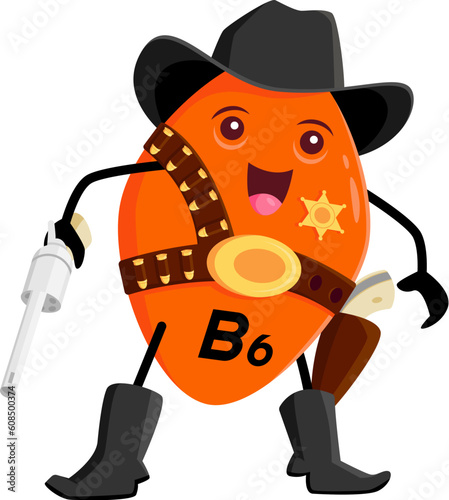 Cartoon vitamin B6 sheriff or cowboy character with shotgun, vector funny western mascot. Kids cute vitamin B6 in Wild West cowboy hat with sheriff star badge and handgun or revolver gun in bandoleer