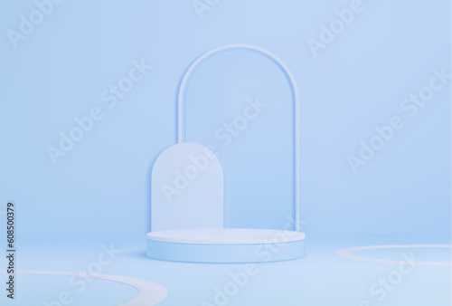 Blue podium with arch. Studio showroom round platform base, exhibition gallery empty podium or cosmetics product presentation pedestal realistic vector background. Fashion showcase realistic backdrop