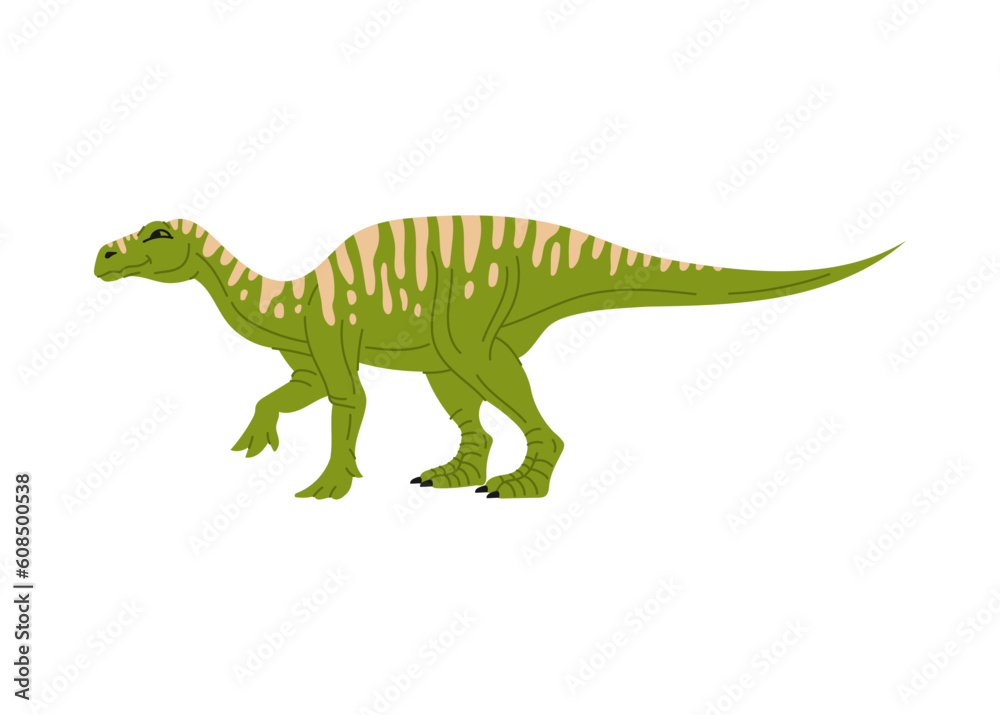 Fototapeta premium Green childish dino, dinosaur animal with stripes on back, cartoon character. Vector Apatosaurus species Brontosaurus excelsus, big thunder lizard
