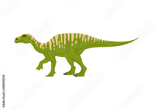Green childish dino, dinosaur animal with stripes on back, cartoon character. Vector Apatosaurus species Brontosaurus excelsus, big thunder lizard © Buch&Bee