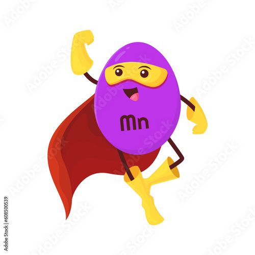 Cartoon manganese or manganum superhero micronutrient character. Isolated vector funny Mn nutrient defender comics book personage. Brave food supplement capsule, mineral bubble in mask and cloak