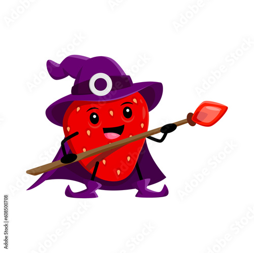 Cartoon strawberry wizard or magician berry character. Vector mage, necromancer fairytale personage with magic staff. Funny smiling sorcerer, vitamin food wiz wear purple cape and hat casting spell