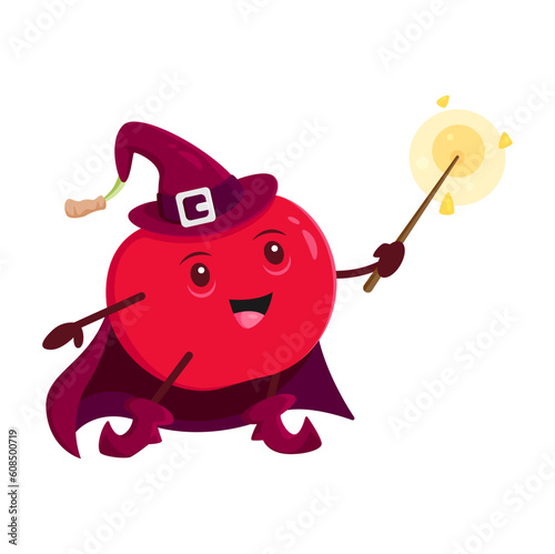 Cartoon cherry wizard character, vector funny berry magician. Halloween necromancer with magic wand cast spell. Funny wiz conjurer, smiling sorcerer, healthy fascinator personage in witch cape and hat
