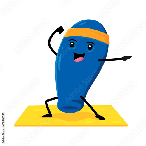Cartoon honey berry character on yoga or pilates fitness sport. Vector funny honeysuckle personage, cute honeyberry stand in yogi pose or asana practicing stretching class or health care practice