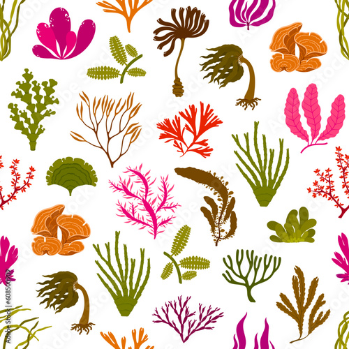 Underwater seaweed plants seamless pattern. Colorful tile vector background with coral reef, aquarium, ocean and undersea algae and kelp water sea weeds and wracks, cartoon marine repeated ornament
