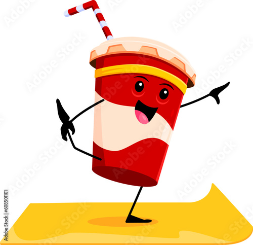 Cartoon fast food soda character on yoga fitness sport. Fast food restaurant sweet drink cute personage, takeaway cafe carbonated beverage or soda cup isolated vector comical mascot doing fitness