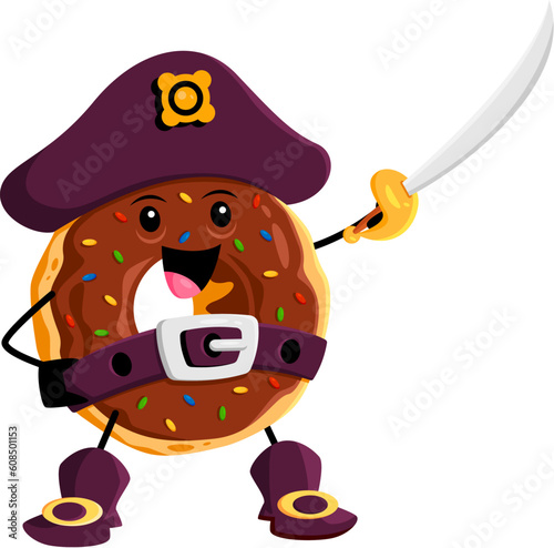 Cartoon fast food donut pirate and corsair character. Fast food cafe sweet pastry privateer cheerful personage, street restaurant dessert, donut filibuster isolated vector cute mascot with cutlass