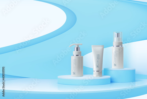 Blue podium with cosmetics mockup, product display pedestal, vector background. Premium skincare cosmetics, face cream or moisturizer and lotion containers on blue round podium or showcase display