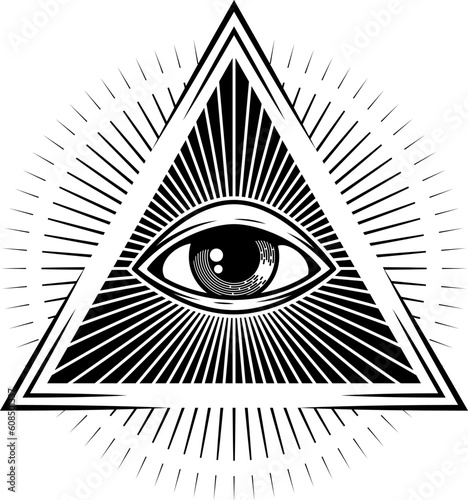 Occult providence eye magical esoteric religion sign in pyramid, sacred magical eye occultism talisman. Vector vintage mystic tattoo, illuminati in triangle