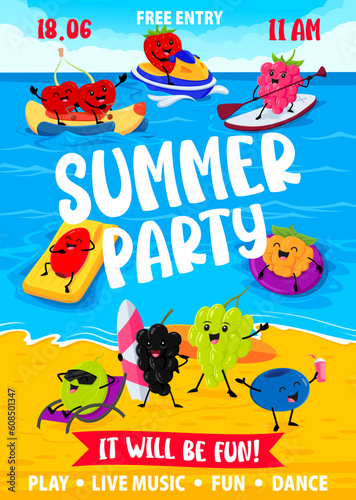 Summer party flyer. Cartoon berry characters on summer beach. Beach party vector poster with cherry, grapes, raspberry and strawberry, rosehip, gooseberry berry funny personages surfing and swimming