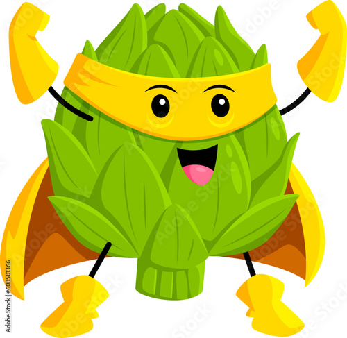 Cartoon cheerful artichoke vegetable superhero character. Farm veggie strong hero, artichoke defender isolated vector comical mascot. Vegetable warrior cheerful personage posing in cape and mask