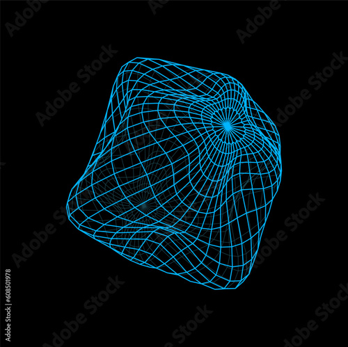 3d futuristic sphere and bent wireframe ball shape. Cyber wireframe hologram, futuristic mesh vector sphere model or dimensional grid structure. Digital technology wire ball, data visualization shape