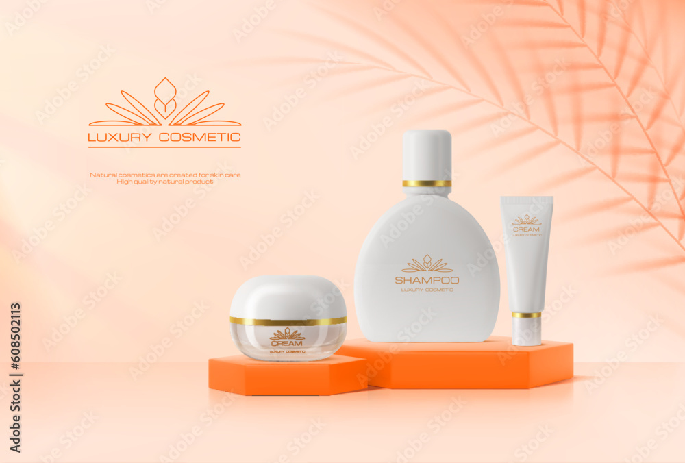 Orange cosmetics podium with palm shadow on wall, beauty products ad banner. Vector 3d mockup of display pedestal with cream jar and shampoo bottle, luxury skincare cosmetics promotion stand, platform - obrazy, fototapety, plakaty 