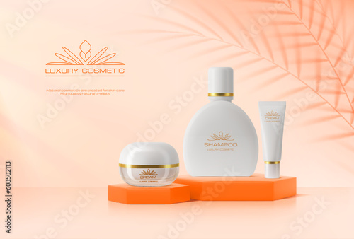 Orange cosmetics podium with palm shadow on wall, beauty products ad banner. Vector 3d mockup of display pedestal with cream jar and shampoo bottle, luxury skincare cosmetics promotion stand, platform