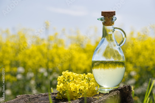 Oil decanter with reflections of yellow rape field