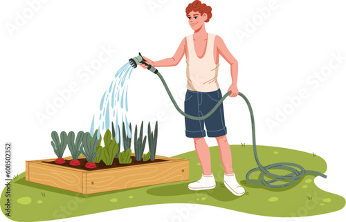 Cheerful farmer character watering vegetables in garden bed. Cartoon gardener vector personage working at farm or garden. Happy young man watering plants with garden hose, agriculture or farming theme