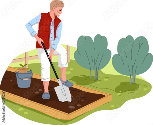 Cartoon farmer character planting vegetables at farm, vector agriculture and farming. Cheerful young man personage digging soil and planting seedling in garden bed with shovel, bucket and spade