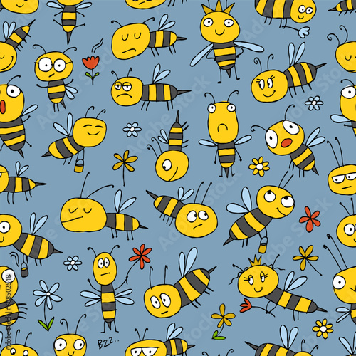 Funny Bees family. Beehive seamless pattern background for your design