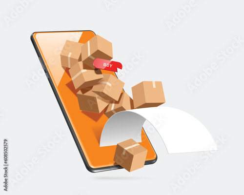 Many parcel boxes or cardboard box are crowded on smartphone screen and bills flow out to convey promotional period that customers order online on smartphone