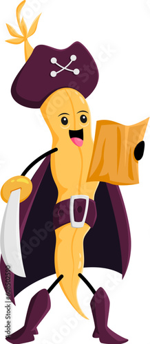 Cartoon soybean pod pirate or corsair character holding treasure map with sword in hand, sailing the high seas in search of treasure. Isolated vector legume or soy bean filibuster captain