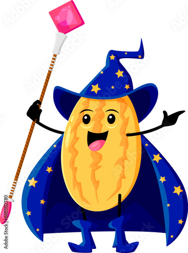 Cartoon melon fruit wizard or magician character. Vector smiling necromancer personage with magic staff. Funny wiz wear astrologer hat and cape with stars. sorcerer tropical fruit, healthy food mage