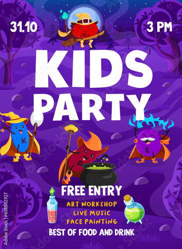Halloween party flyer. Cartoon vitamin and micronutrient wizards and mage characters in night forest. Vector invitation poster template with funny nutrient capsules wear magician costumes and wands