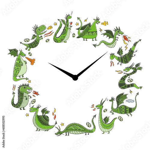 Clock design with Collection of 12 Dragons. Symbol of Chinese New Year 2024
