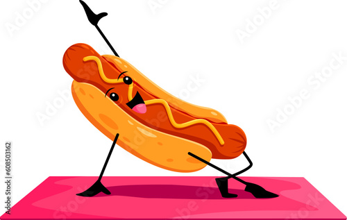 Cartoon fast food hotdog character on yoga fitness sport. Street restaurant snack comical personage, takeaway cafe dish or junk food meal, hotdog isolated vector happy mascot doing sports on mat