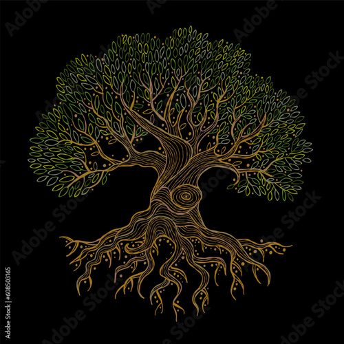 Old big family tree with roots isolated on black. Concept Art for your design...