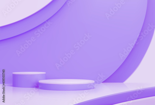 Purple podium, product display showcase pedestal or showroom studio, vector background. Cosmetics or premium luxury product display and exhibition showcase scene mockup with purple round pedestals