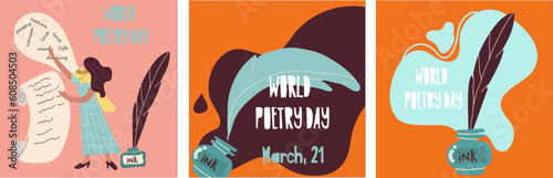 Set of Conceptual vector illustrations for Poetry Day, March 21, World Writers Day, March 3 with a typewriter, pen and inkwell and hand drawn character characters woman, man.