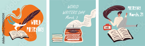 Set of Conceptual vector illustrations for Poetry Day, March 21, World Writers Day, March 3 with a typewriter, pen and inkwell and hand drawn character characters woman, man.