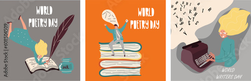 Conceptual cartoon vector illustration with character woman, man for Poetry Day, March 21, World Writers Day, March 3 with a typewriter.
