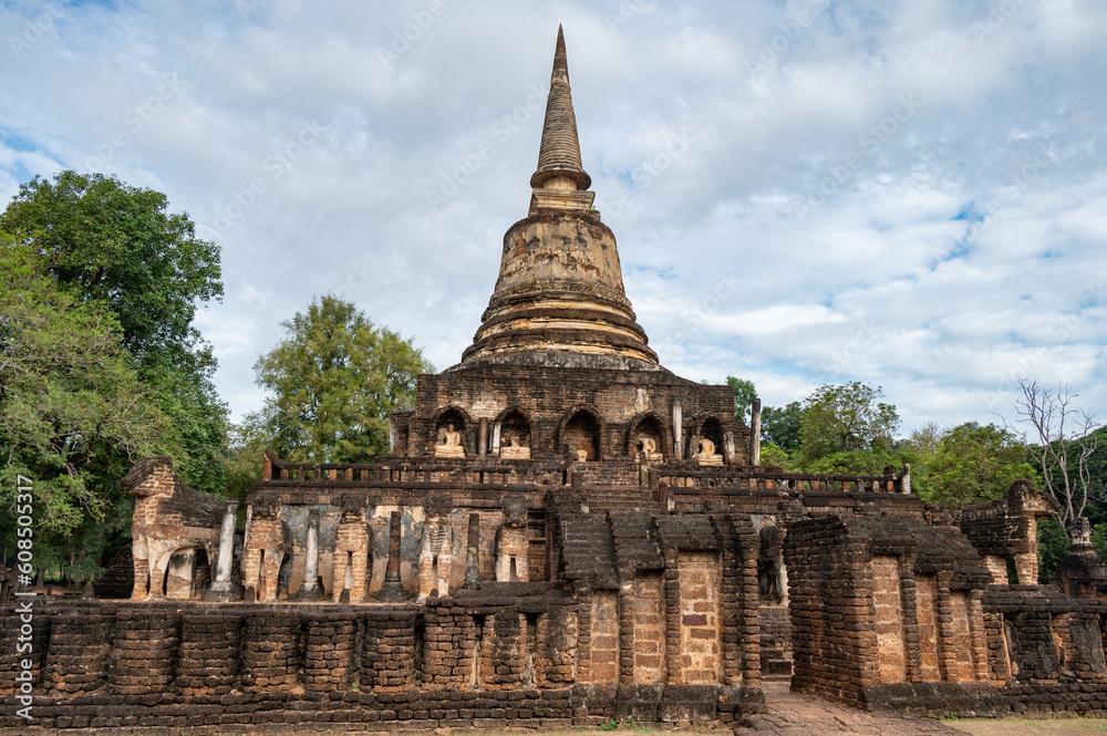 An iconic Buddhist pagoda in Wat Chang Lom one of the most landmark in Si Satchanalai Historical Park of Sukhothai, Thailand.