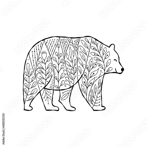 Bear character with Ethnic Floral Ornament isolated on white