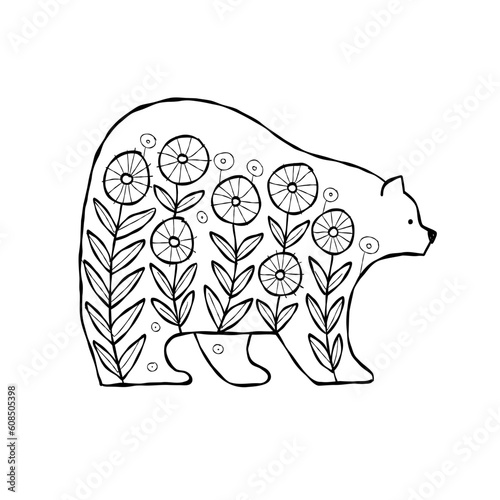 Bear character with Ethnic Floral Ornament isolated on white