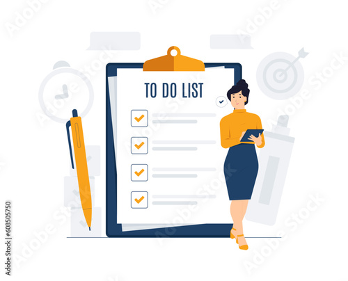 To do list, task management, planned, prioritized, time management. Businesswoman do daily tasks, planning with checklist on notepad paper agreement concept illustration