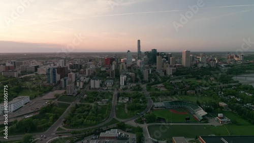 Beautiful 4K Drone Shot of Downtown Edmonton on a summer evening. photo