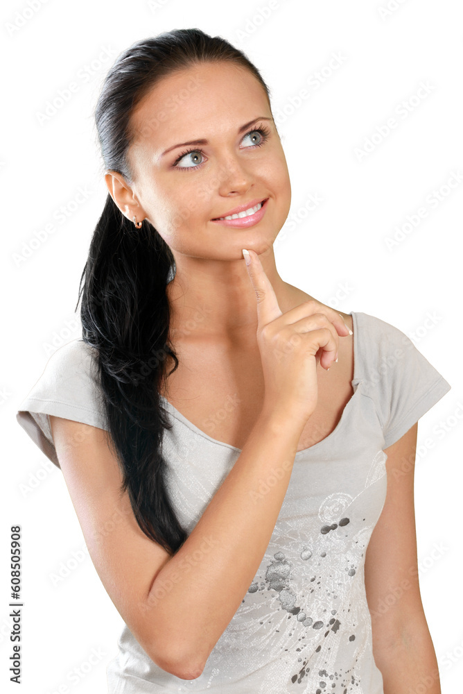 Beautiful brunette in casual attire pondering Beautiful brunette in casual attire pondering