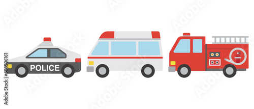 緊急車両　パトカーと救急車と消防車のイラスト