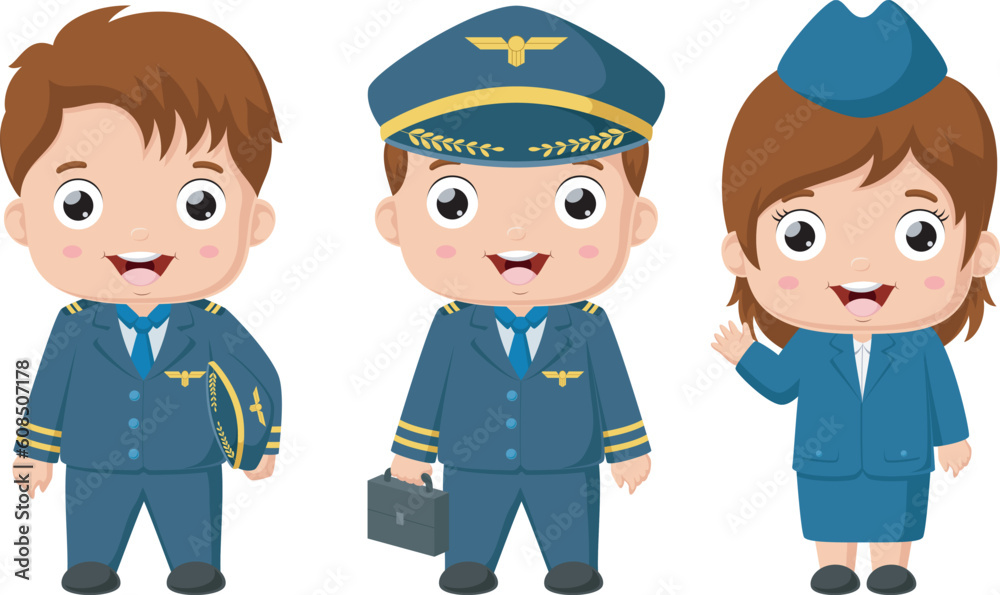 Cute pilot and stewardess kids cartoon
