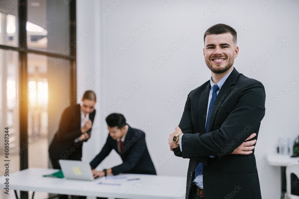 Portrait of Manager, business people meeting design ideas on a laptop with project planning document on meeting table. business planning. Portrait of Manager, business people meeting design ideas on a laptop with project planning document on meeting table. business planning.