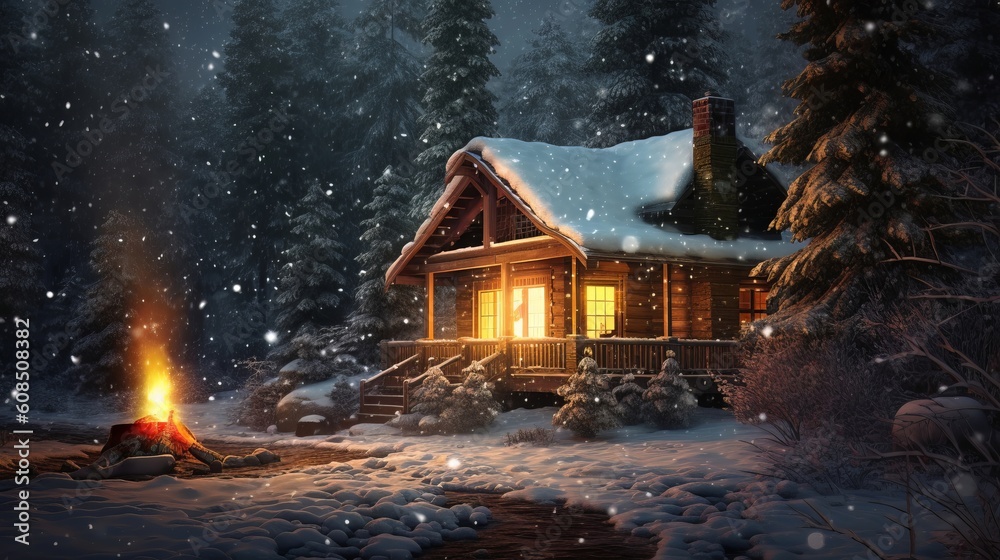 A cozy winter cabin with a roaring fire surrounded by snowy trees. Generative ai - obrazy, fototapety, plakaty 