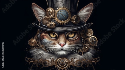 A steampunk hat-wearing cat. Generative ai